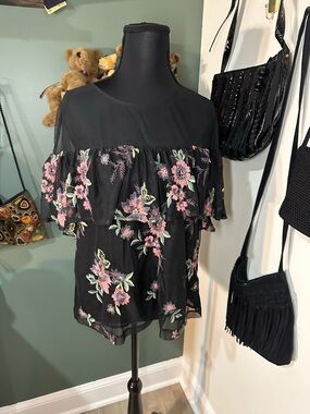 BB Dakota Sheer Floral Embroidered Blouse Boho Ruffle Layered Top Festival M